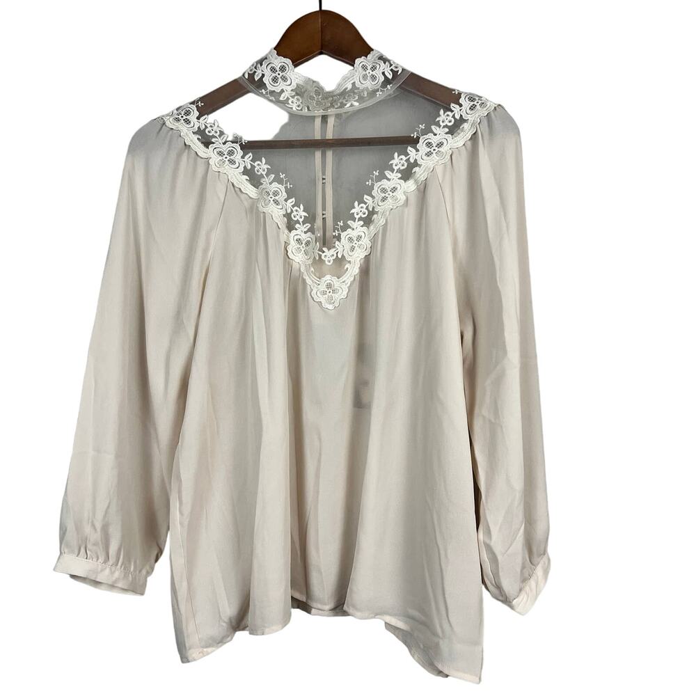 NEW! F21 High Collar Lace Top Blouse Ivory Long Sleeve - M